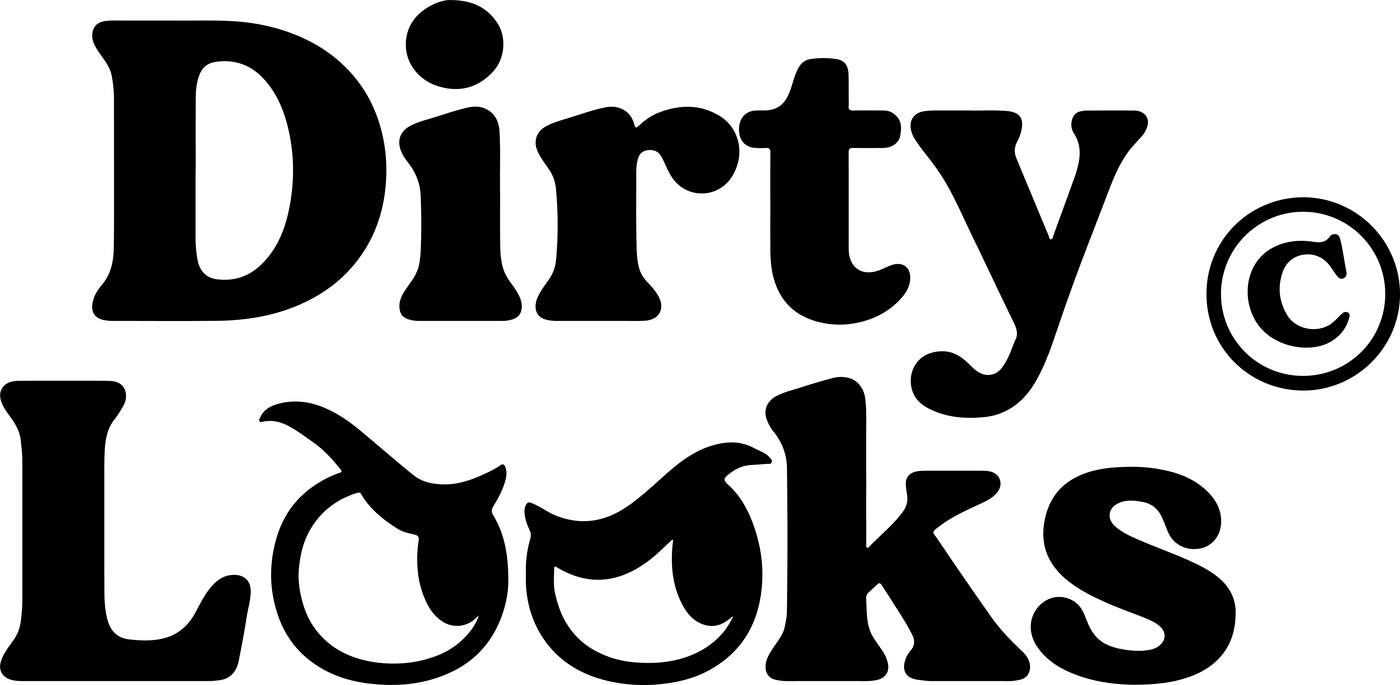 A black and white graphic logo features the stylized text "Dirty Looks" stacked in two rows against a plain white background. The typography uses a bold, playful, and slightly cartoonish serif font with rounded edges. In the second row, the two lowercase letters "o" in the word "Looks" are cleverly designed as a pair of expressive, stylized eyes looking to the right under dramatic, pointed eyelids. To the right of the top row, a standard copyright symbol, consisting of a lowercase letter "c" enclosed within a thin circle, is cleanly rendered.